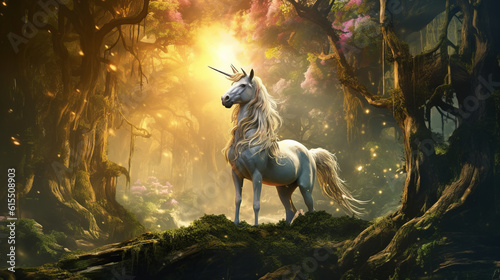 Illustration of the mythical creature the unicorn in fairy forest