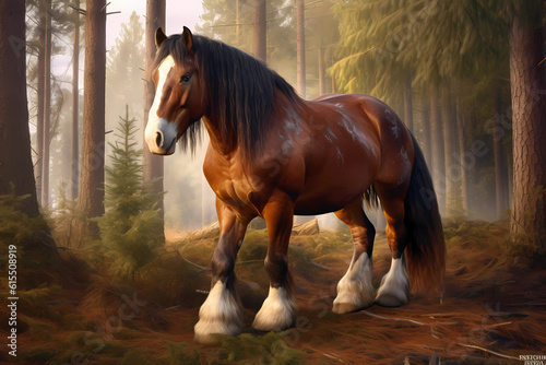 Clydesdale - Scotland - Clydesdales are large draft horses with feathering on their lower legs, known for their strength, temperament, and use in heavy pulling (Generative AI)