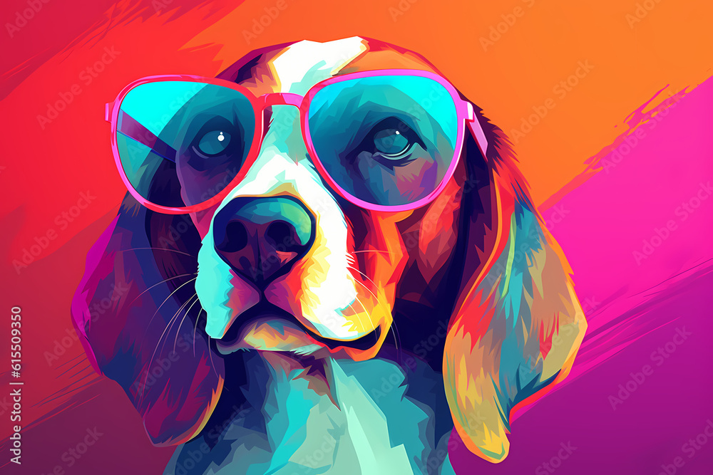 Cute Beagle wearing Sunglasses, Colorful Background, AI-Generated Image	
