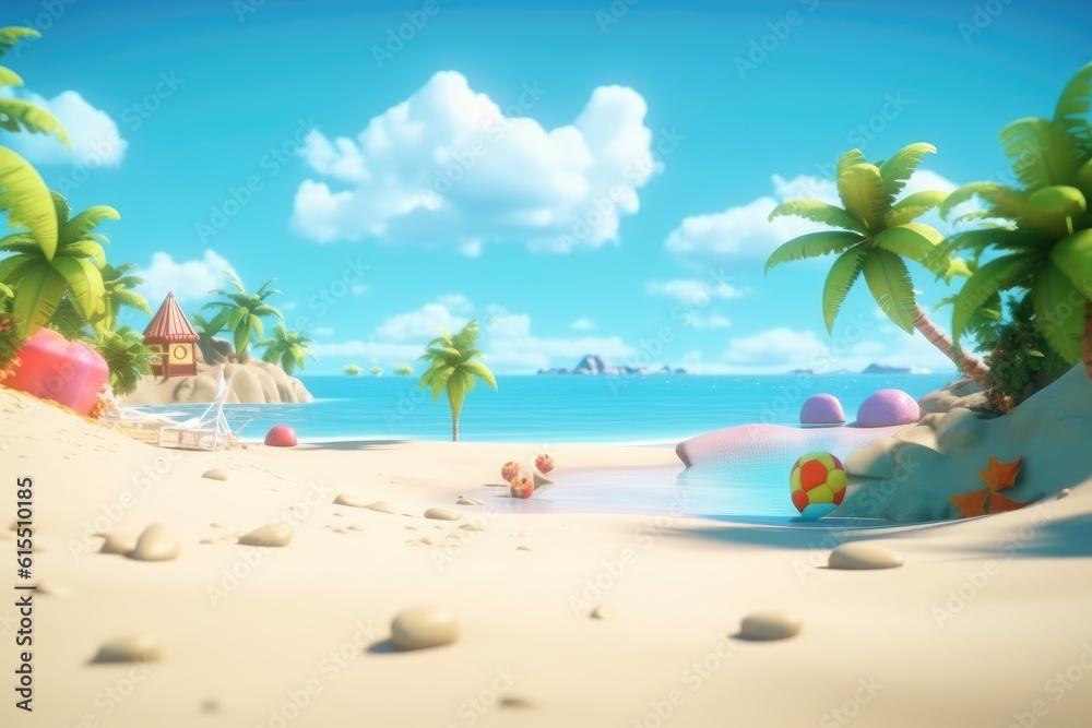 Cartoon tropical beach with palm trees and clear blue water Cartoon tropical beach with palm trees and clear blue water