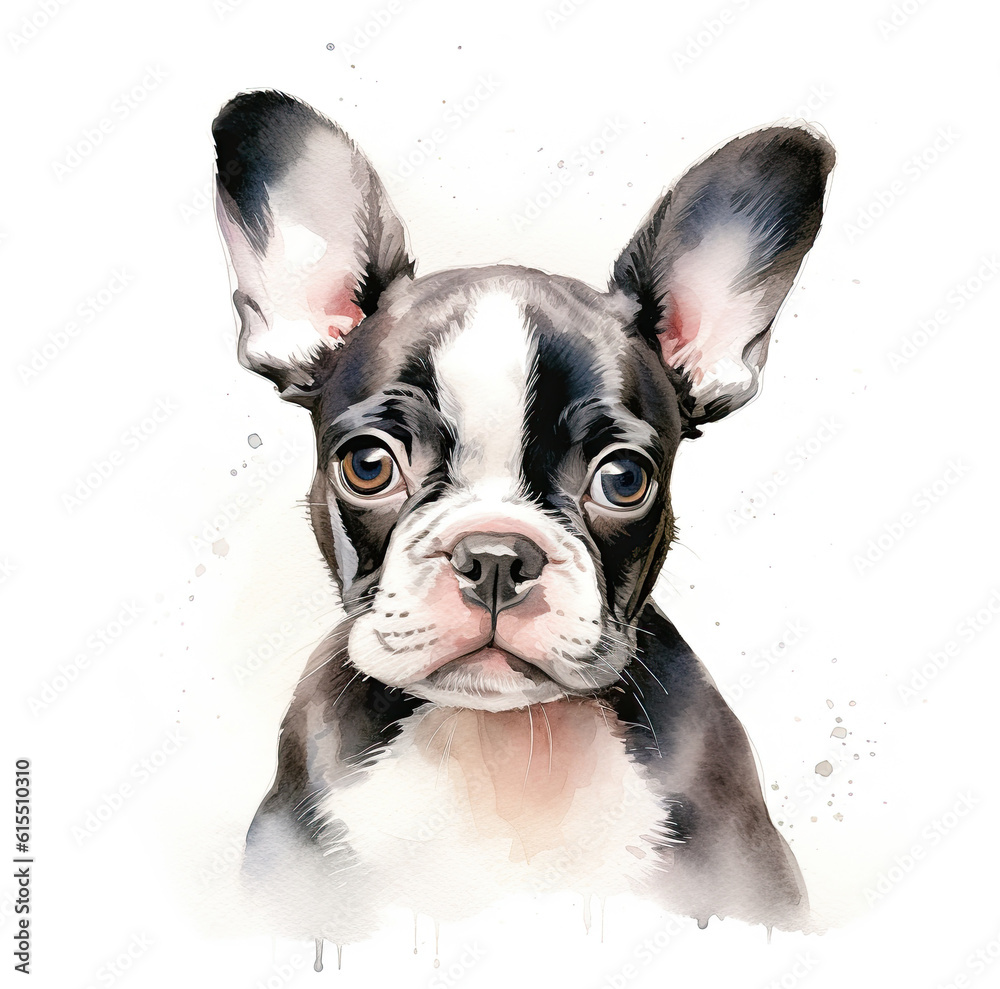 Boston terrier puppy. Stylized watercolour digital illustration of a cute dog with big brown eyes.