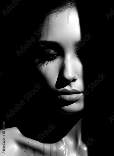 Fashion Concept. Closeup portrait silhouette of stunning beautiful woman girl hidden in the shadow dark. illuminated with light. sensual, mysterious, advertisement, magazine