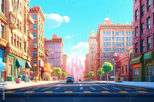 Colorful cartoon city street with vibrant buildings and clear sky