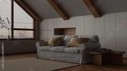 Dark late evening scene  attic interior design  minimal wooden living room with sloping ceiling and panoramic window. Fabric sofa and decors. Japandi scandinavian style