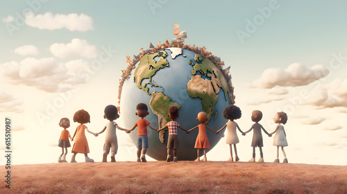 Group of children holding hands around the world