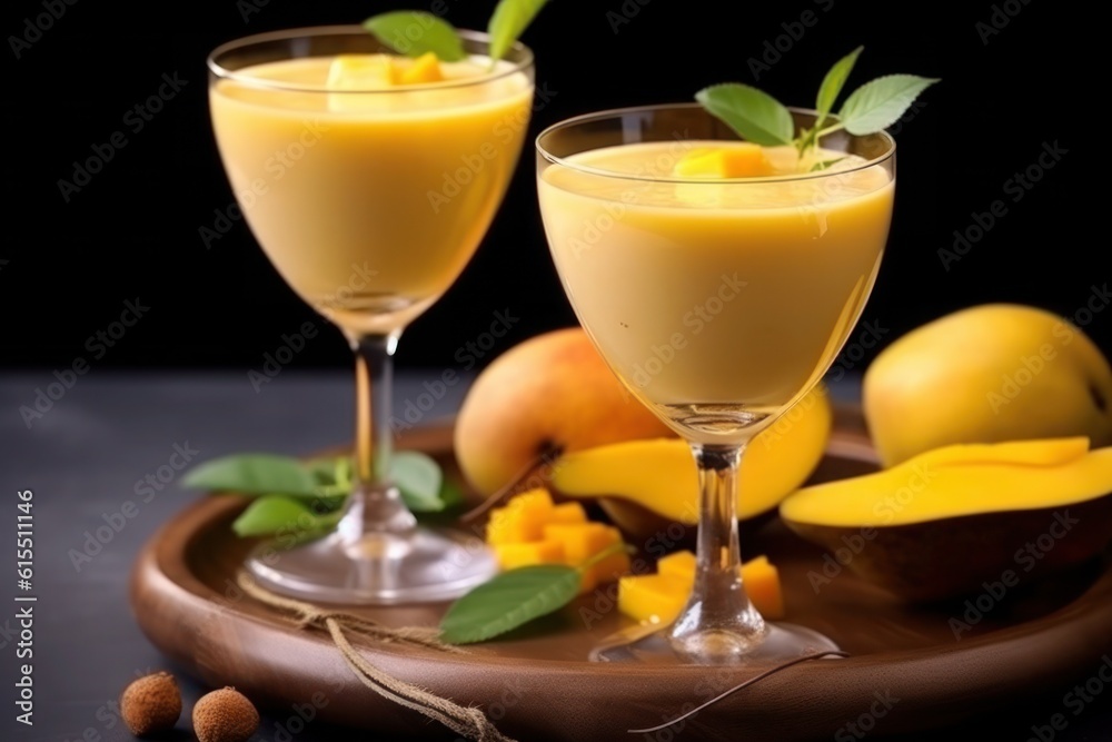 Indian mango cocktail lassi with honey for breakfast, healthy food concept, generative AI content. Indian mango cocktail lassi with honey for breakfast, healthy food concept, generative AI content.