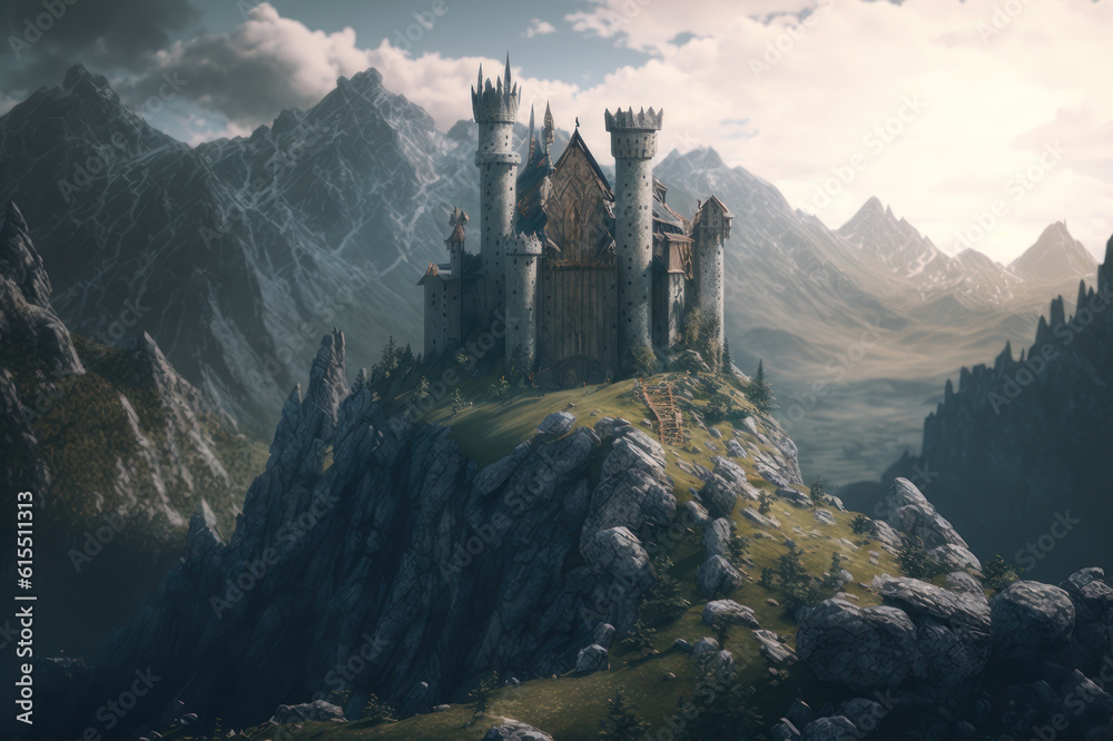 Obraz premium Ancient fairytale castle in the mountains. AI generative.