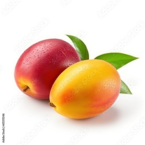Fresh whole yellow-red mangoes isolated on the white background, generative AI content.