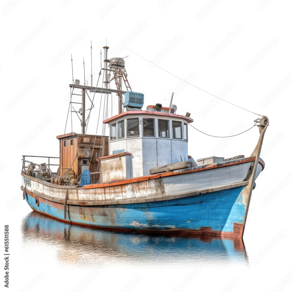 Old wooden fishing boat on calm water with a white background Old wooden fishing boat on calm water with a white background