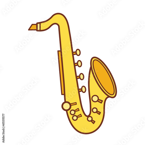 One single colored yellow golden saxophone trumpet musical instrument vector icon outline isolated on square white background. Simple flat minimalist musical instruments items drawing.