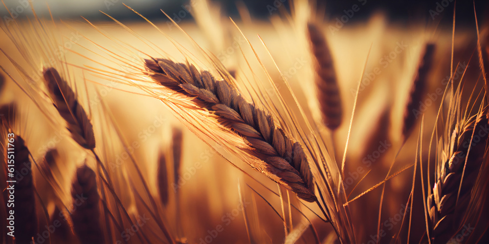 Ripe ears of wheat on the field, close-up. Generative AI - obrazy, fototapety, plakaty 