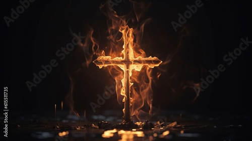 A Christian cross burns with fire against a black background. Generative AI.