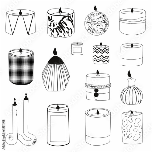 Scented candles outline set. Modern aromatic decoration for cozy home interior. Candle Lights collection. Flat illustrations isolated on white background