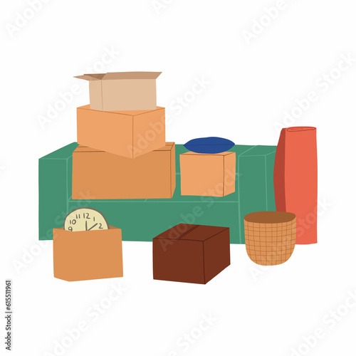 Web banner with cardboard boxes piles. Stuff packed in carton packages for relocation and moving. Many belongings, baskets, clock, furniture in containers. Flat illustrations on white background