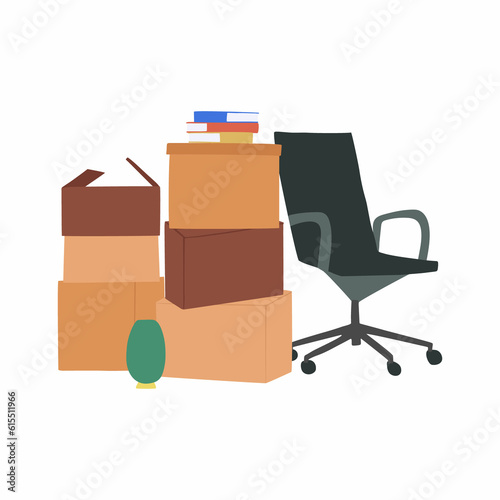 Web banner with cardboard boxes piles. Stuff packed in carton packages for relocation and moving. Many belongings; computer chair; vase; furniture in containers. 