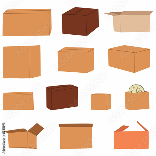Set with cardboard boxes. Stuff packed in carton packages for relocation and moving. Flat illustrations isolated on white background