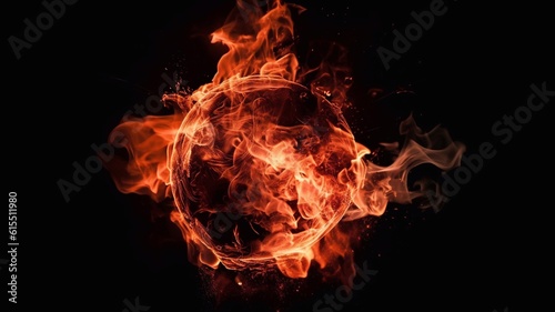 A burning sphere against a dark background. Generative AI.