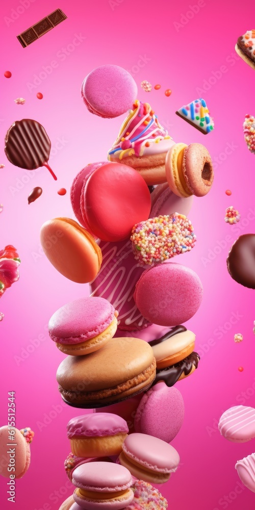 Floating donuts and Macarons in Pink and blue Ambiance generative AI Floating donuts and Macarons in Pink and blue Ambiance generative AI