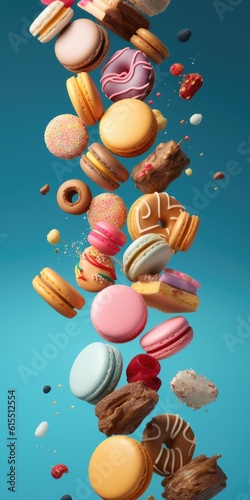 Floating donuts and Macarons in Pink and blue Ambiance generative AI © Ecleposs