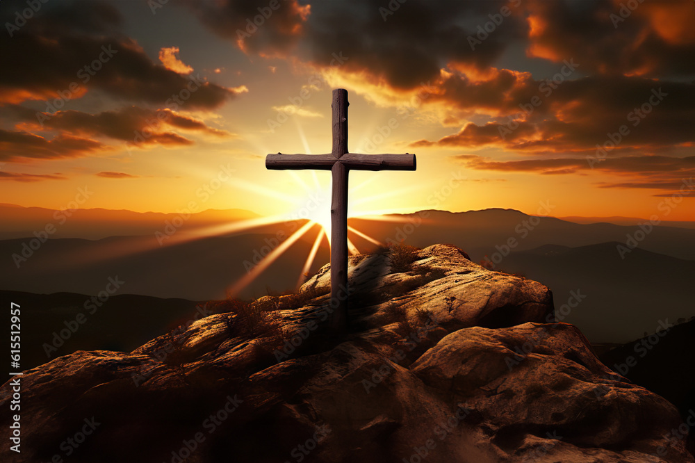 Divine Sunset The Cross of Jesus Christ Illuminated by Dramatic Lighting Against a Colorful Mountain Sunset. created with Generative AI