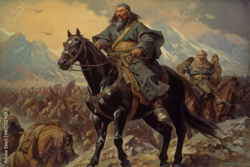 A great war leader commanding the vast Mongol army on horseback, surveying the battlefield. Mongol military historic illustration
