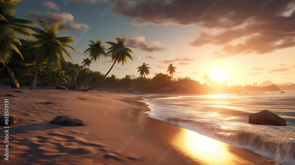 Fototapeta premium Serene Morning at a Beautiful Beach Tranquil Palm Trees and Calm Sea Waves. created with Generative AI