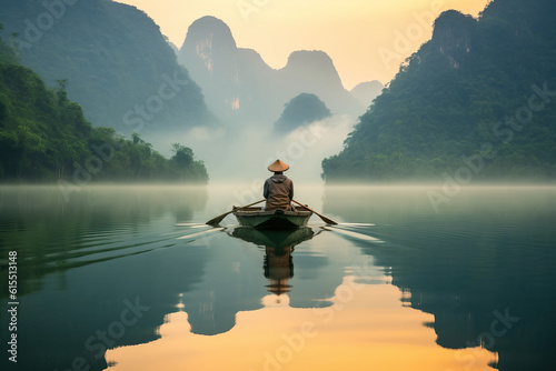 Man rowing his boat on a lake. Generative AI photo