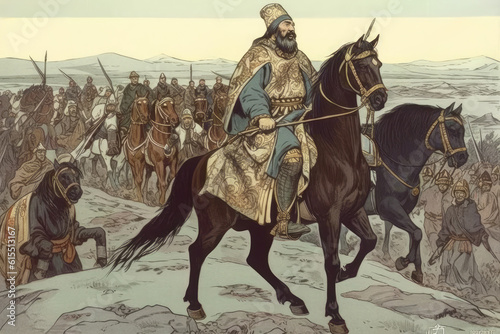 A great war leader commanding the vast Mongol army on horseback, surveying the battlefield. Mongol military historic illustration © Kien