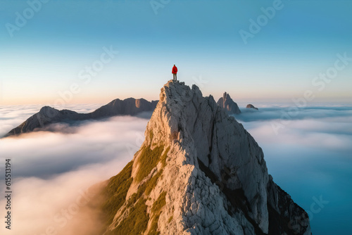 Silhouette of a man on top of a mountain peak. Generative AI photo