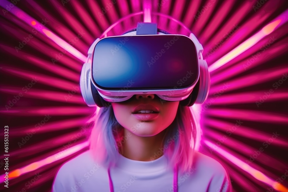 a girl wearing VR headsets against a pink background a girl wearing VR headsets against a pink background