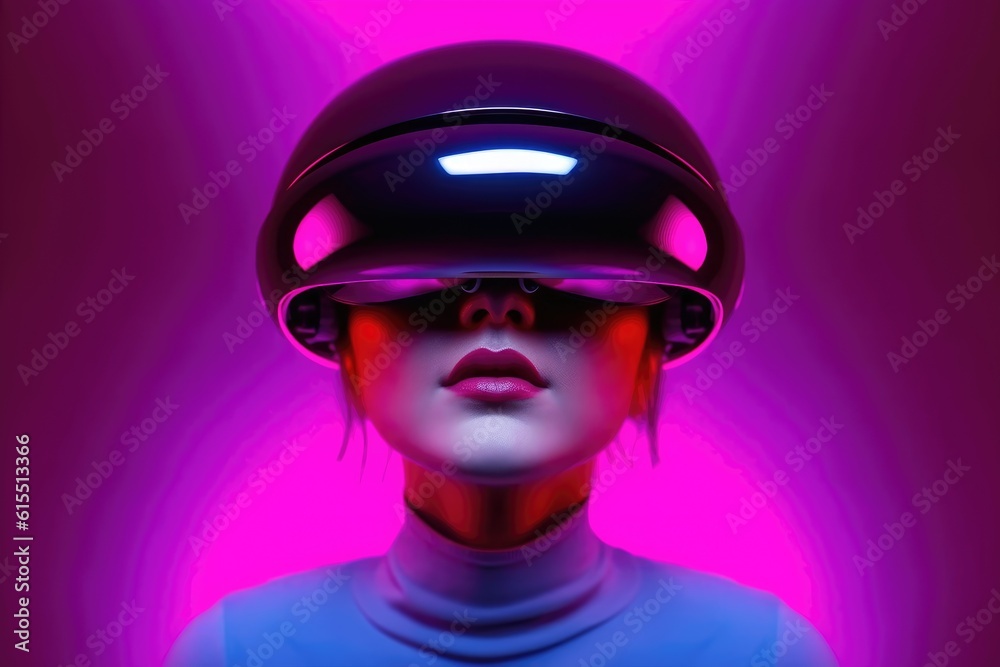 a girl wearing VR headsets against a pink background a girl wearing VR headsets against a pink background