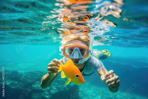 A boy diving after an orange fish. Generative AI photo