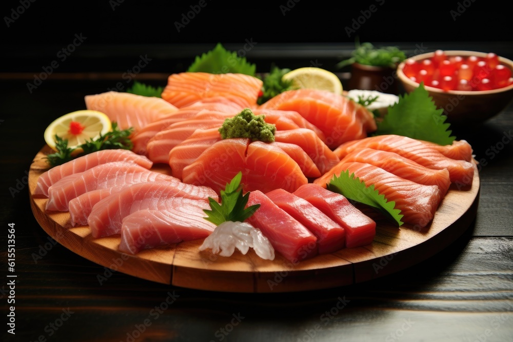 Traditional Japanese dish sashimi on a dark background. Generated by AI. Traditional Japanese dish sashimi on a dark background. Generated by AI.