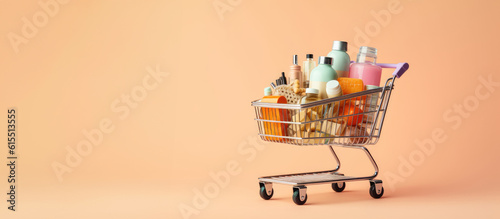 Banner with an image of a shopping cart with cosmetic products. Concept of shopping. Generated by AI.