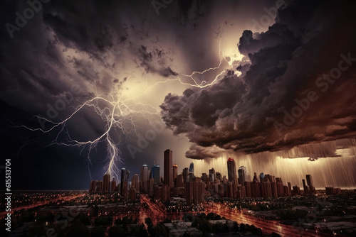 A stormy sky with multiple cloud to ground lightning strikes  generative AI