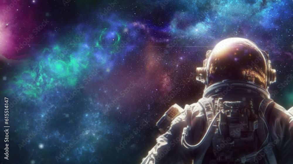 Astronaut with nebula and galaxies in space. Milky way with galaxy stars and space dust in universe. Blue stanfield abstract background. Cosmonaut in deep cosmos at night. Cyber punk aesthetics art