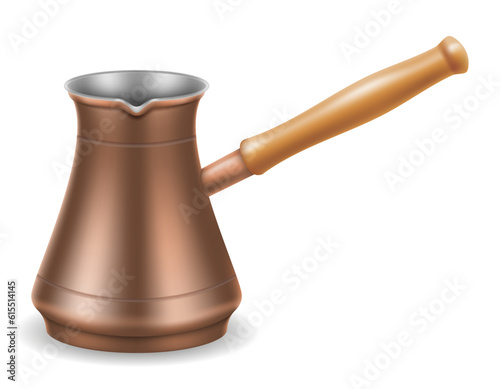 copper turkish coffee pot with wooden handle for making drink vector illustration