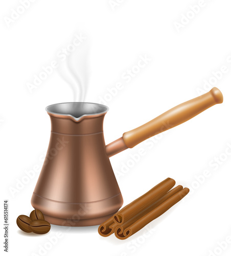 copper turkish coffee pot with wooden handle for making drink vector illustration