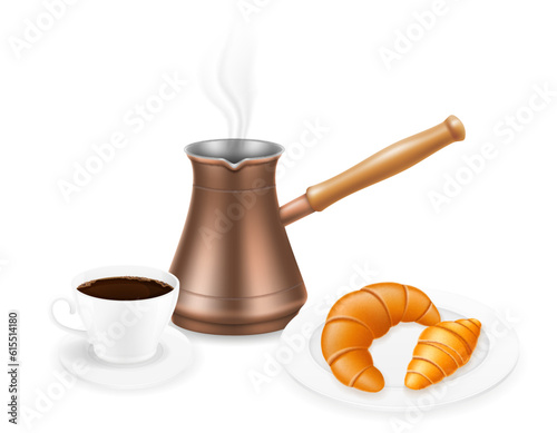 copper turkish coffee pot with wooden handle for making drink vector illustration