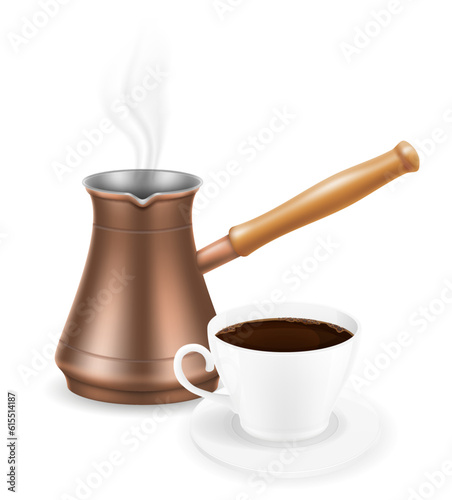 copper turkish coffee pot with wooden handle for making drink vector illustration