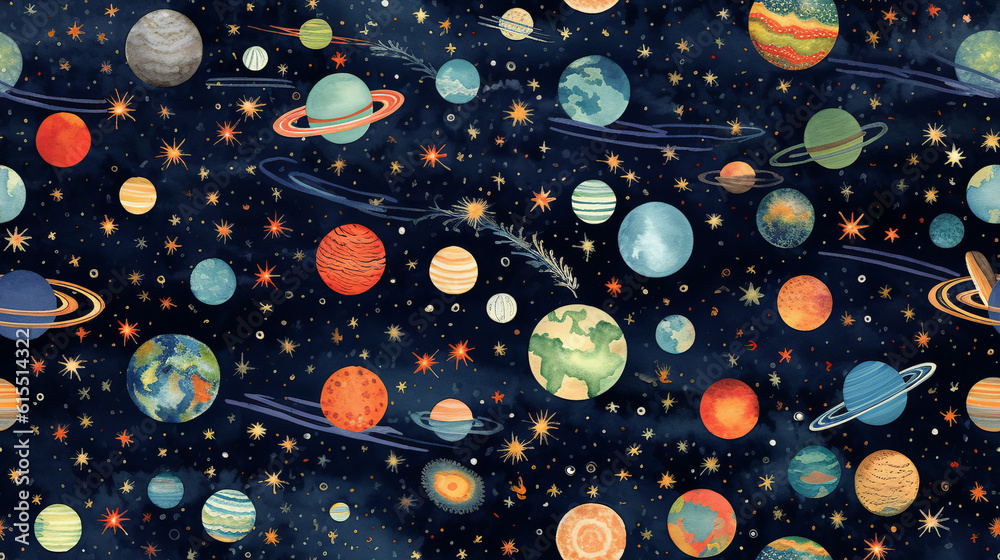 Seamless pattern background inspired by the beauty of celestial bodies and outer space with vast expanse of the night sky and foreign planet Seamless pattern background inspired by the beauty of celestial bodies and outer space with vast expanse of the night sky and foreign planet