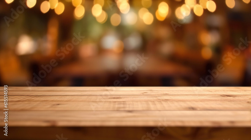 Empty wooden table top with blurred background. Generative AI