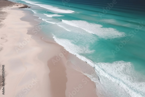 Beautiful blue sea ocean with shallow waves and sand beach. Generative AI illustration