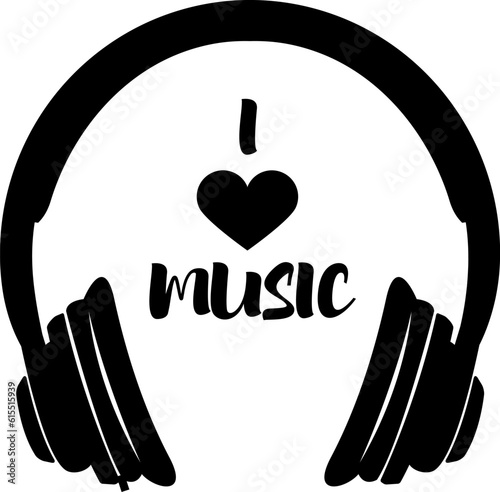 I love music. Stereo headphones with phrase "I Love Music". Vector design element.