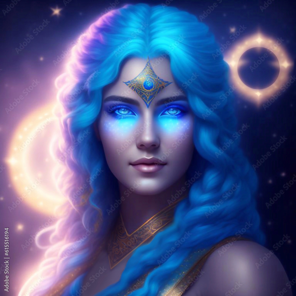 A Radiant Goddess with Blue Hair and Luminous Stars in the Background Created with Generative AI Technology