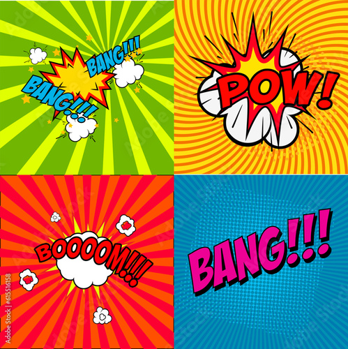 Set of comic style phrases Pow!, Bang!!! Booooom!!! Vector design elements. Pop art style phrases