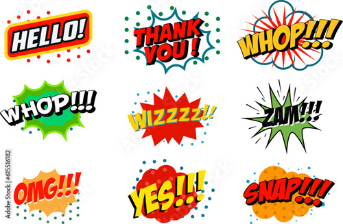 Set of comic style phrases isolated on white background. Pop art style phrases set. Wow! Oops! Whop!  Design element for poster, flyer. Vector design element.