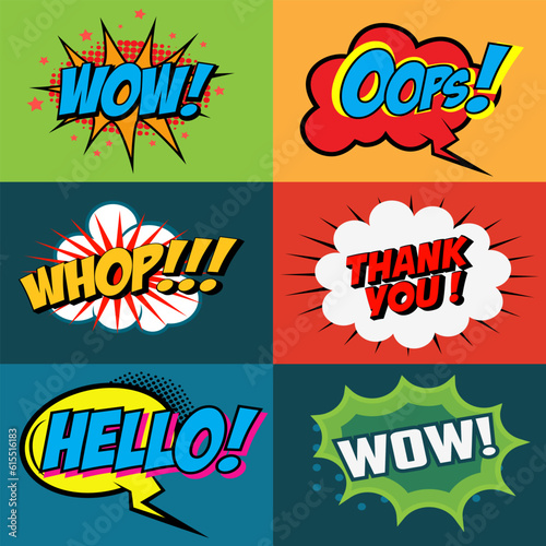 Set of comic style phrases on colorful background. Pop art style phrases set. Wow! Oops! Whop! Design element for poster, flyer. Vector design element.