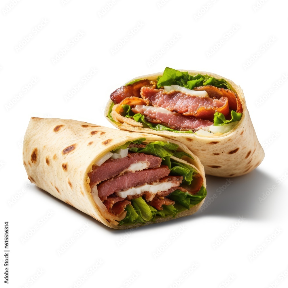 Fresh Turkey and Salad Wrap on White Background generative AI