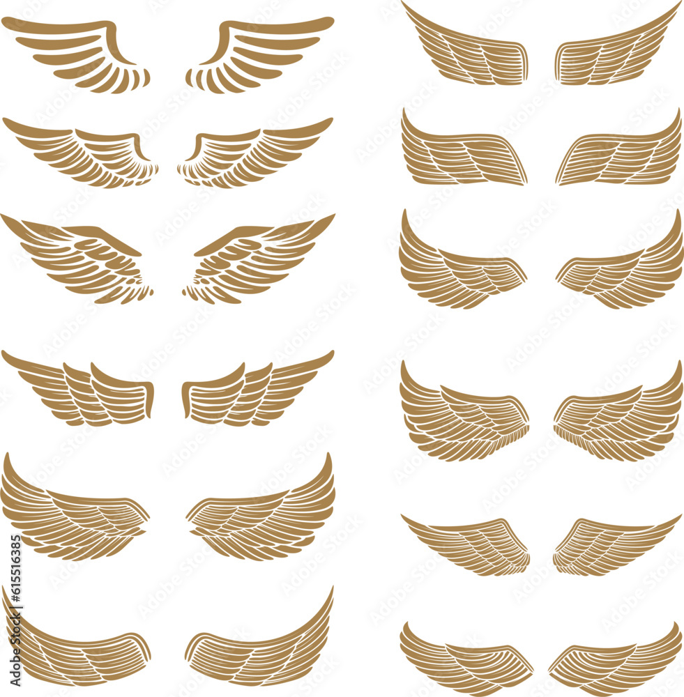 Set of the emblems with wings in gold style isolated on white background.  Design element for logo, label, emblem, sign. Vector illustration.